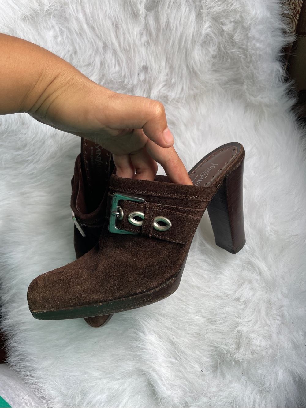 Yves Saint Laurent Brown Suede High Heel Mule with Buckle
